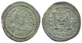 Justinian I. Æ Follis (40mm, 22.75 g), 527-565. Theoupolis, RY 13 (539/40). D N IVSTINIANVS PP AVI, helmeted and cuirassed bust of Justinian I facing,...