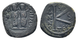 Justin II with Sophia, 565 - 578 AD AE Half Follis, Thessalonica (6.35 Gr. 19mm.) Justin on left and Sophia on right, seated facing on double throne, ...