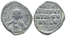 ANONYMOUS FOLLiS. Attributed to Basil II & Constantine VIII (976-1025). AE (28mm, 6.33 g) Facing bust of Christ Pantokrator. Rev: Legend in four lines...