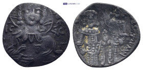 Alexius III Angelus-Comnenus. 1195-1203.(?) Trachy. Constantinople (1 Gr. 17mm.).
 Nimbate bust of Christ facing wearing pallium and colobium, raising...