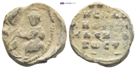 Byzantine Lead Seal (11.4 Gr. 22mm.). Obv: Half-length of the Mother of God holding the Child in her left arm Rev: Legends in four lines.