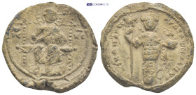 Nicephorus Melissenus, usurper 1080-1081. Seal (19.74 Gr. 30mm.). 
IC - XC Christ seated facing on an ornate and high-backed throne, wearing cross-nim...
