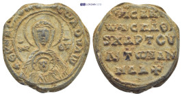 BYZANTINE SEALS., Circa 11th century. (15.8 Gr. 25mm.)
 Facing bust of the Virgin Mary, orans, wearing chiton and maphorion, bearing a medallion with ...