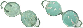 Bronze ROMA MIRROR (125mm, 199 g)
A Roman bronze box mirror, composed of two disks hinged together, which would of have initially been plated on the ...
