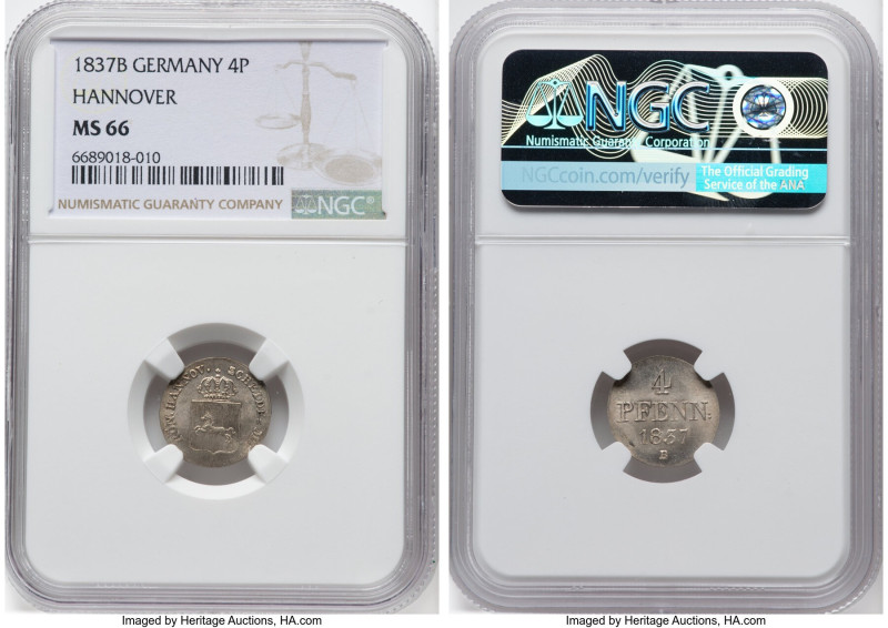 Hannover. William IV of England 4 Pfennig 1837-B MS66 NGC, Hannover mint, KM168....