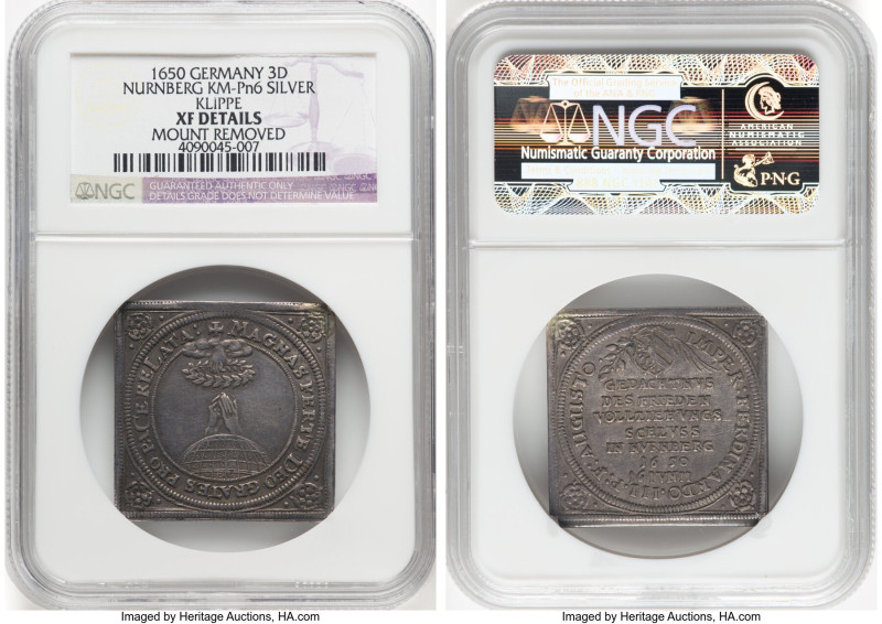 Nurnberg. Free City silver Pattern Klippe 3 Ducat 1650 NGC XF Details (Mount Rem...