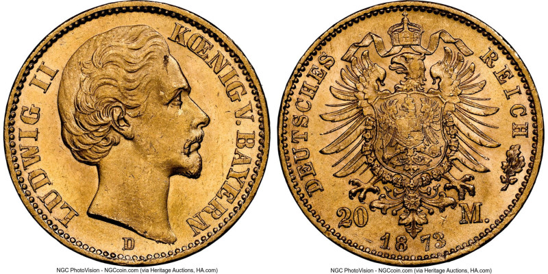 Bavaria. Ludwig II gold 20 Mark 1873-D MS64 NGC, Munich mint, KM894. The more at...