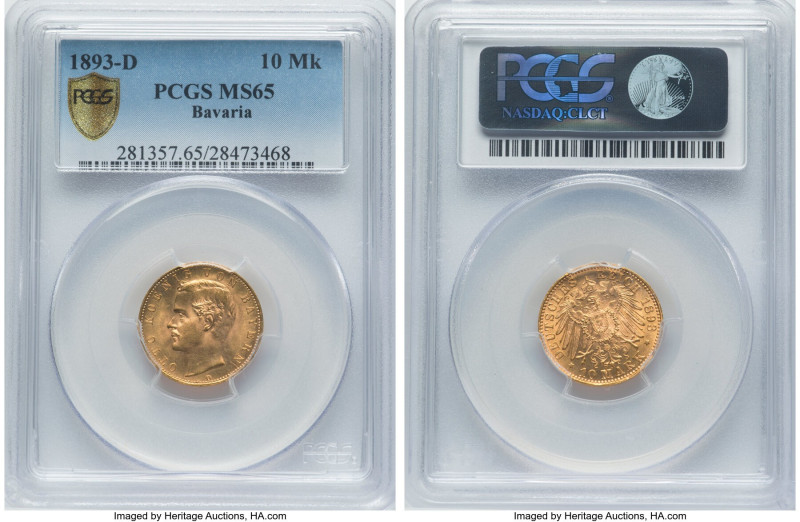 Bavaria. Otto gold 10 Mark 1893-D MS65 PCGS, Munich mint, KM911, J-199. HID09801...