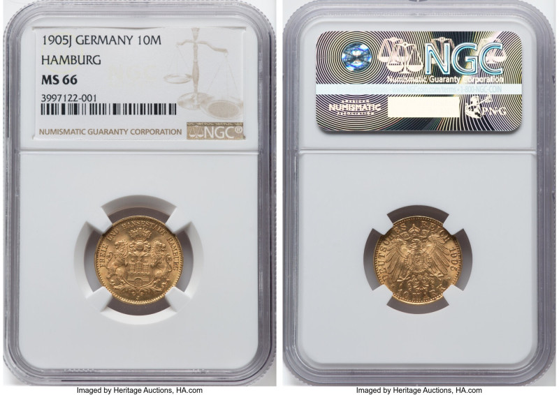 Hamburg. Free City gold 10 Mark 1905-J MS66 NGC, Hamburg mint, KM608. The single...