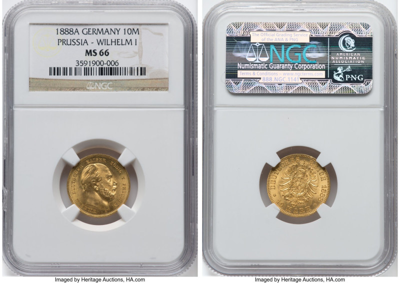 Prussia. Wilhelm I gold 10 Mark 1888-A MS66 NGC, Berlin mint, KM504. A transitio...