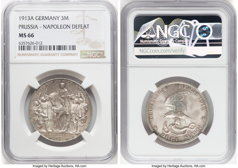 Prussia. Wilhelm II "Napoleon's Defeat" 3 Mark 1913-A MS66 NGC, Berlin mint, KM5...