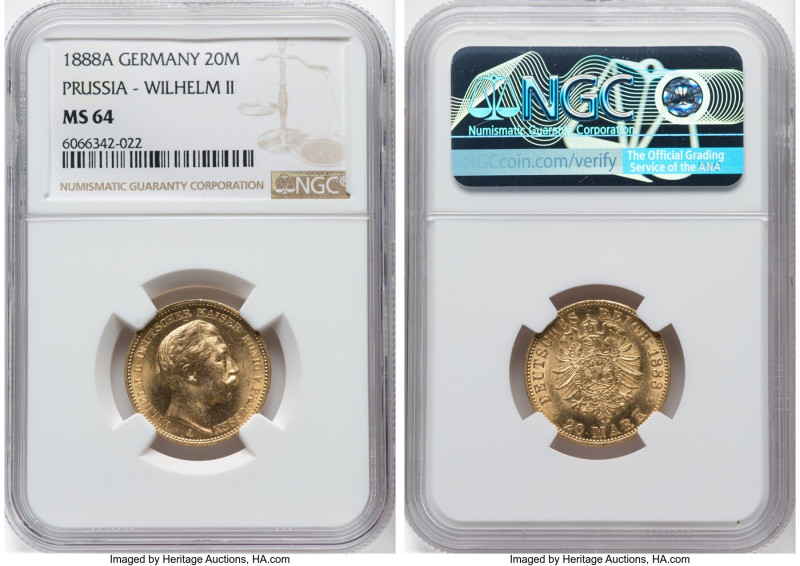 Prussia. Wilhelm II gold 20 Mark 1888-A MS64 NGC, Berlin mint, KM516, J-250. HID...