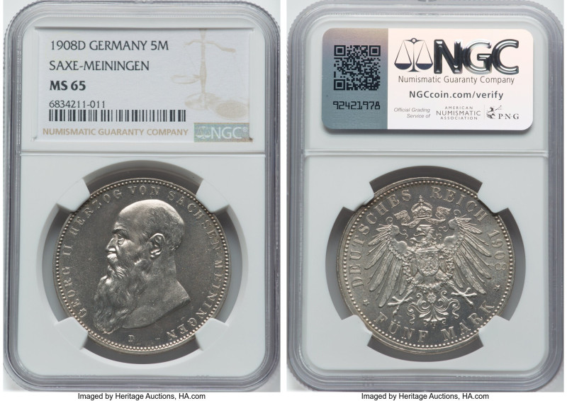 Saxe-Meiningen. Georg II 5 Mark 1908-D MS65 NGC, Munich mint, KM201, J-153b. A p...