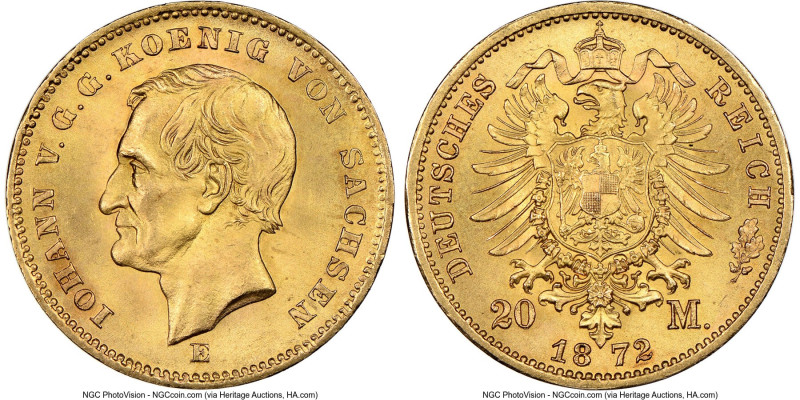 Saxony. Johann gold 20 Mark 1872-E MS66 NGC, Dresden mint, KM1233, J-258. A cond...