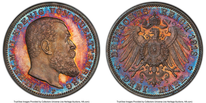 Württemberg. Wilhelm II Proof 3 Mark 1913-F PR63+ Cameo PCGS, Stuttgart mint, KM...