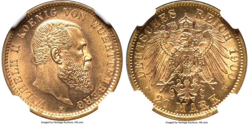 Württemberg. Wilhelm II gold 20 Mark 1900-F MS66 NGC, Stuttgart mint, KM634, J-2...