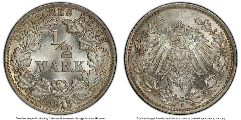 Wilhelm II 1/2 Mark 1915-F MS67+ PCGS, Stuttgart mint, KM17. HID09801242017 © 20...