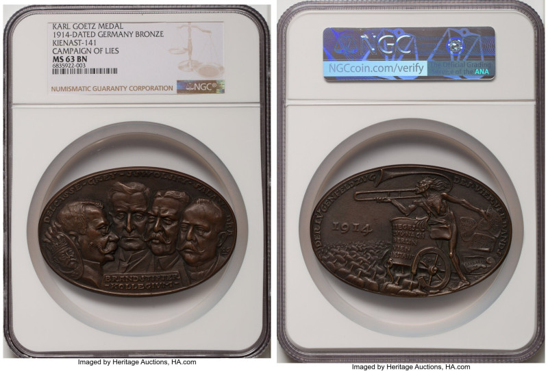 Karl Goetz bronze "Campaign of Lies" Medal 1914-Dated MS63 Brown NGC, Kienast-14...