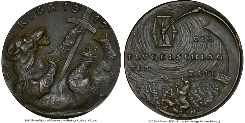 Karl Goetz bronze "Fall of Riga" Medal 1917-Dated MS62 Brown NGC, Kienast-195. F...