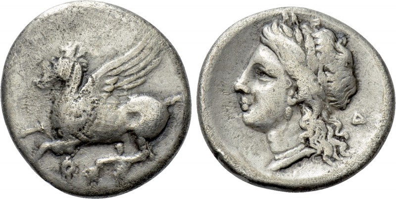 CORINTHIA. Corinth. Drachm (Circa 345-307 BC). 

Obv: Pegasos flying left; Ϙ b...