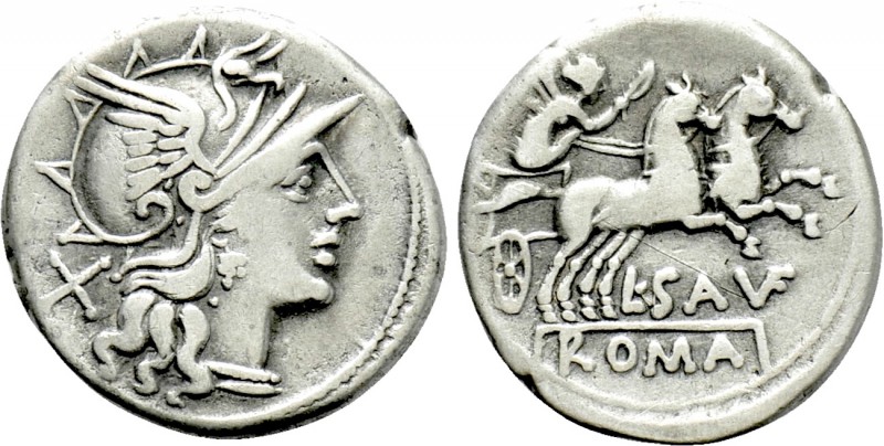 L. SAUFEIUS. Denarius (152 BC). Rome. 

Obv: Helmeted head of Roma right; X (m...