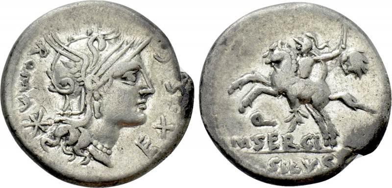 M. SERGIUS SILUS. Denarius (116-115 BC). Rome. 

Obv: ROMA EX S C. 
Helmeted ...
