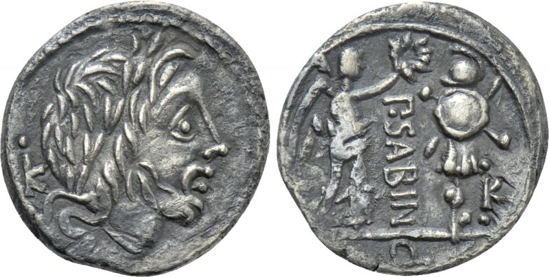 P. SABINUS. Quinarius (99 BC). Rome. 

Obv: Laureate head of Jupiter right; to...