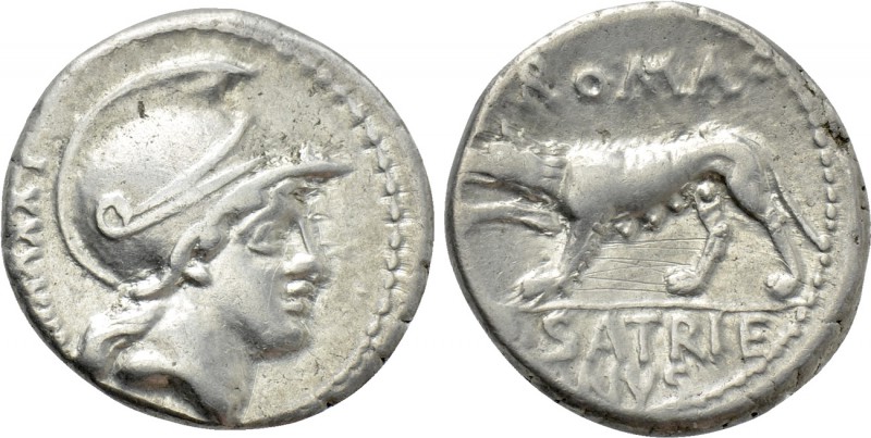 P. SATRIENUS. Denarius (77 BC). Rome. 

Obv: Helmeted head of Mars right; unce...