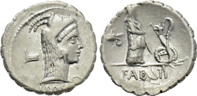 L. ROSCIUS FABATUS. Serrate Denarius (59 BC). Rome. 

Obv: L ROSCI. 
Head of ...
