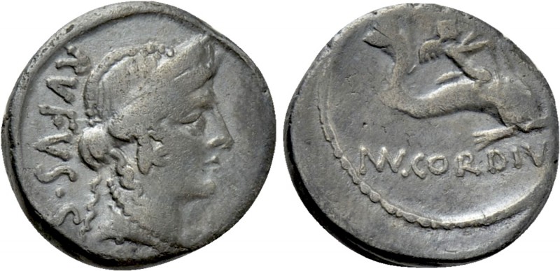 MN. CORDIUS RUFUS. Denarius (46 BC). Rome. 

Obv: RVFVS S C. 
Diademed head o...