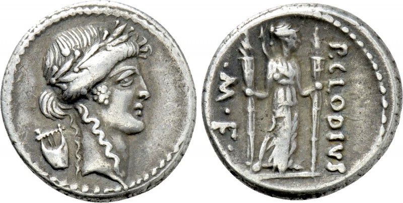 P. CLODIUS M.F. TURRINUS. Denarius (42 BC). Rome. 

Obv: Laureate head of Apol...