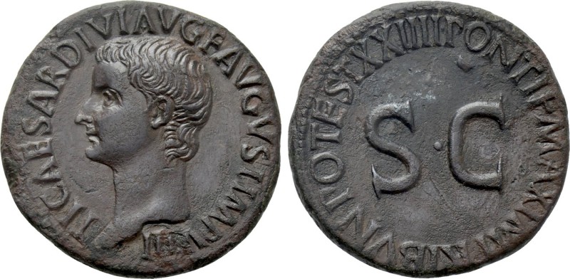 TIBERIUS (14-37). As. Rome. 

Obv: TI CAESAR DIVI AVG F AVGVST IMP VIII. 
Bar...