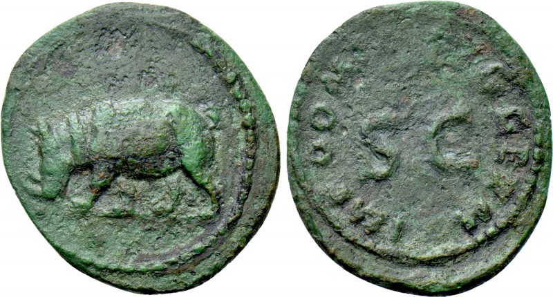 DOMITIAN (81-96). Quadrans. Rome. 

Obv: Rhinoceros advancing left.
Rev: IMP ...
