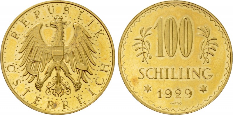 AUSTRIA. GOLD 100 Schilling (1929). Wien (Vienna). 

Obv: REPUBLIK / ÖSTERREIC...