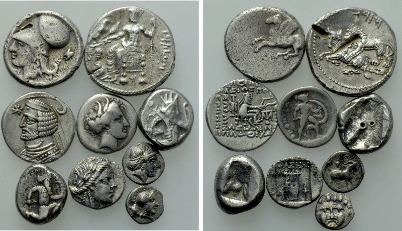 9 Greek Coins. 

Obv: .
Rev: .

. 

Condition: See picture.

Weight: g....
