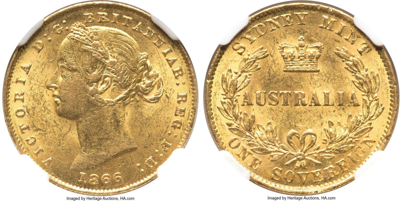 Victoria gold Sovereign 1866-SYDNEY MS62 NGC, Sydney mint, KM4, Marsh-A371. A so...