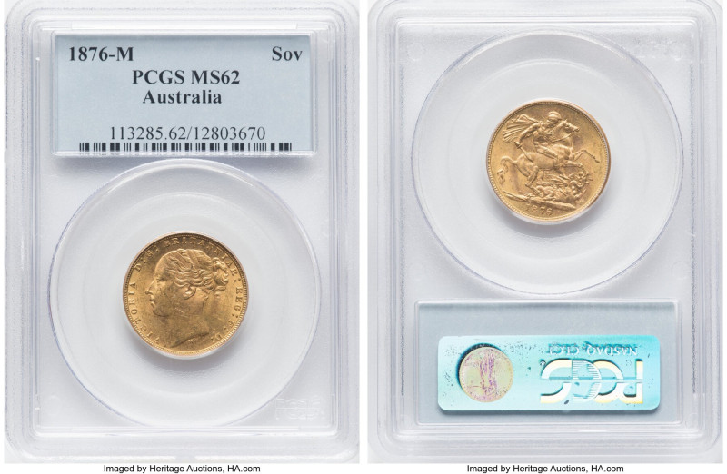 Victoria gold "St. George" Sovereign 1876-M MS62 PCGS, Melbourne mint, KM7, S-38...