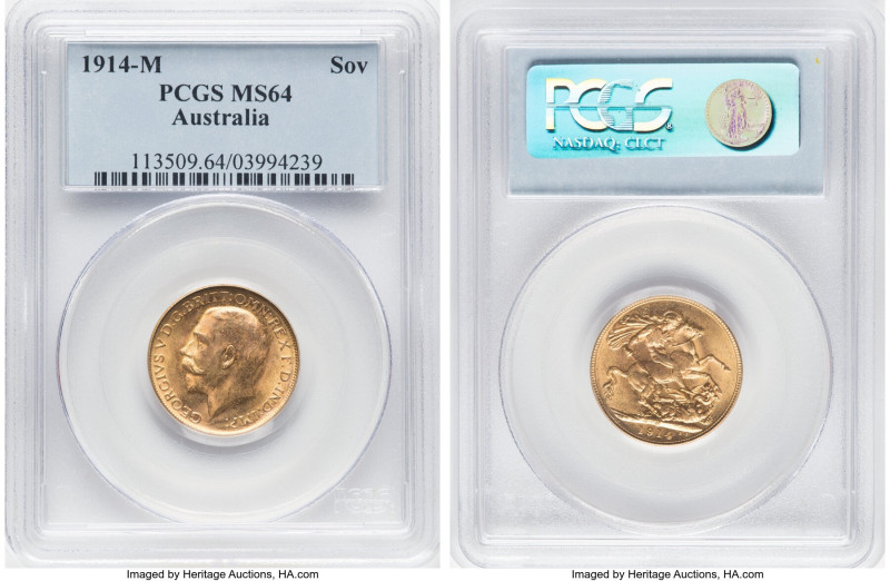 George V gold Sovereign 1914-M MS64 PCGS, Melbourne mint, KM29, S-3999. An attra...