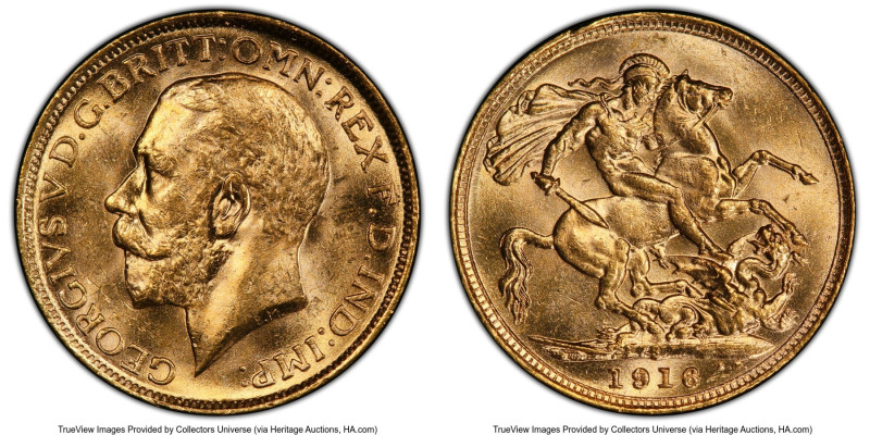 George V gold Sovereign 1916-S MS64 PCGS, Sydney mint, KM29, S-4003. A pleasing,...