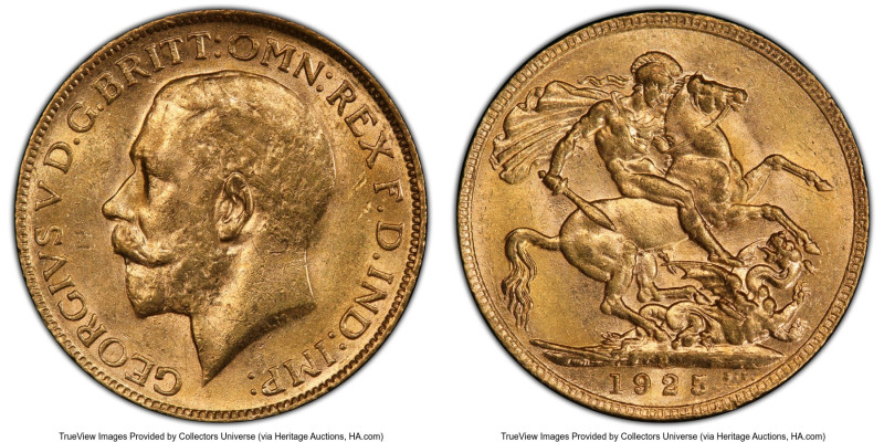 George V gold Sovereign 1925-P MS62 PCGS, Perth mint, KM29, S-4001. HID098012420...