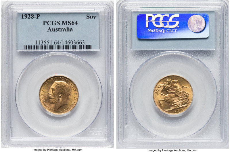 George V gold Sovereign 1928-P MS64 PCGS, Perth mint, KM29, S-4001. The nicest e...