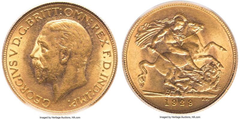 George V gold Sovereign 1929-M AU58 PCGS, Melbourne mint, KM32, S-4000. A date a...