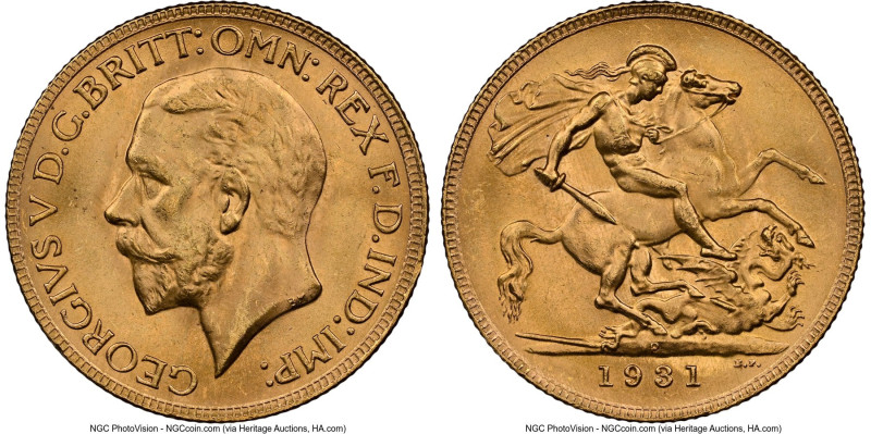 George V gold Sovereign 1931-P MS65 NGC, Perth mint, KM32, S-4002. Tied for the ...