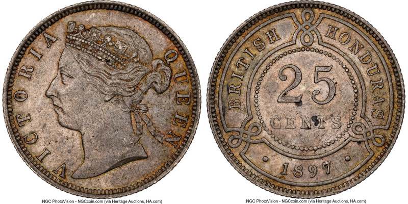 British Colony. Victoria 25 Cents 1897 AU58 NGC, KM9. A scarce emission with few...