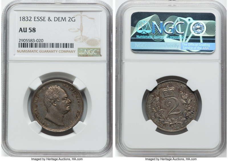 British Colony. William IV 2 Guilder 1832 AU58 NGC, KM20, Prid-9. An attractive ...