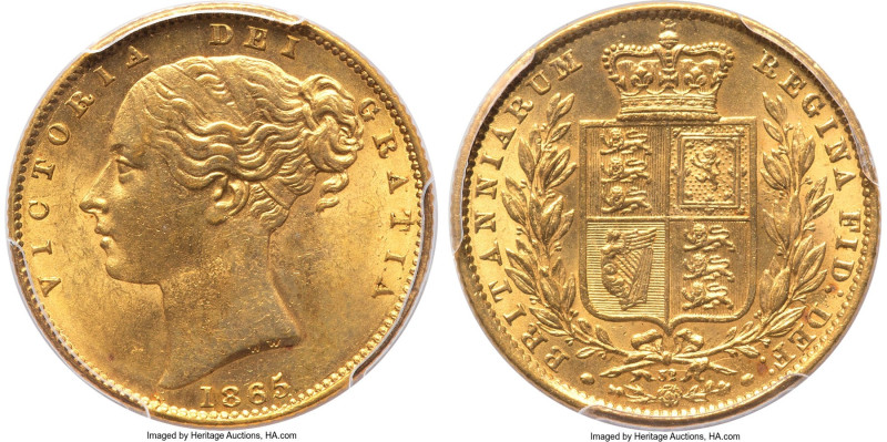 Victoria gold Sovereign 1865 MS64 PCGS, KM736.2, S-3853. Die #32. This date-spec...