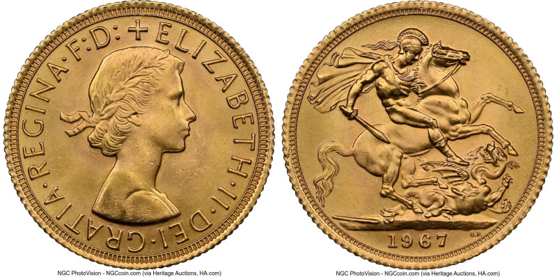 Elizabeth II gold Sovereign 1967 MS65 NGC, KM908, S-4125. A solid Gem with eye-c...