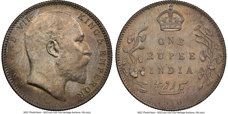 British India. Edward VII Rupee 1910-B MS63 NGC, Bombay mint, KM508. A pleasing,...