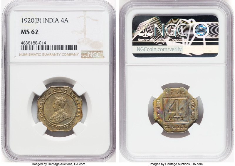 British India. George V 4 Annas 1920-(b) MS62 NGC, Bombay mint, KM519. HID098012...