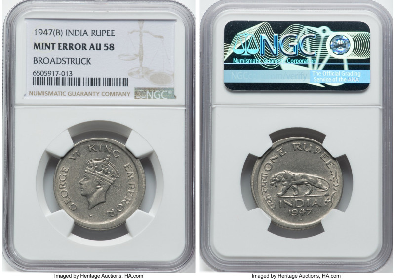 British India. George VI Mint Error - Broadstruck Rupee 1947-(B) AU58 NGC, Bomba...